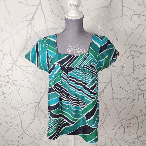 Banana Republic Green Abstract Print 100% Silk Square Neck Top - Picture 1 of 6